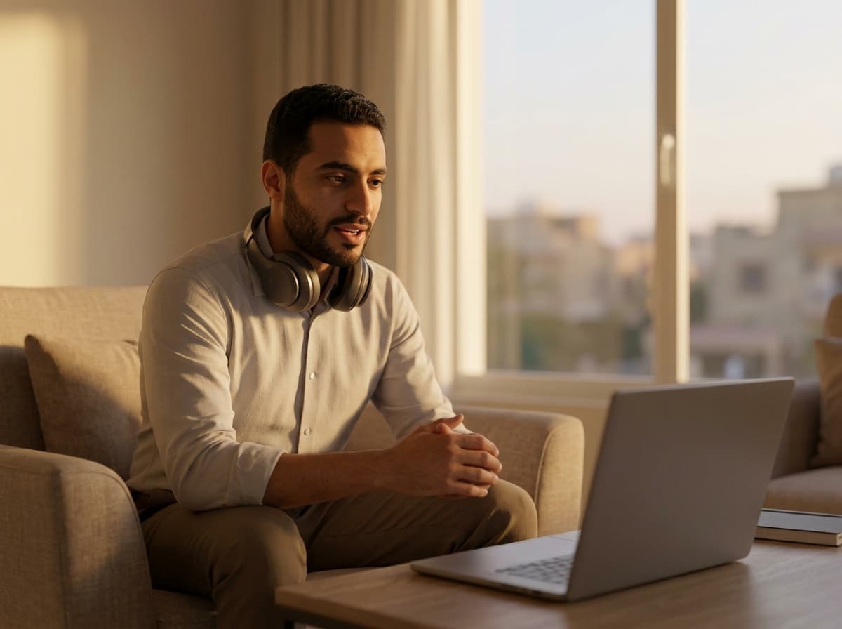 A candidate answering an interview question from home, headphones around their neck
