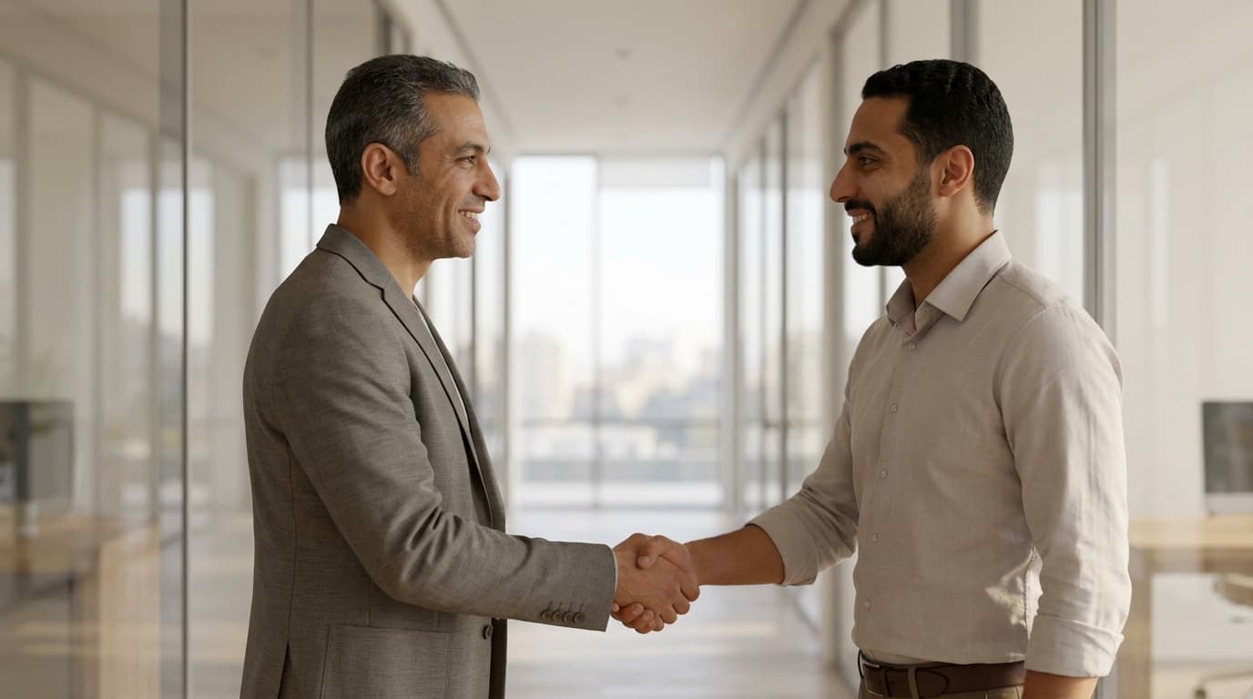 Two colleagues shaking hands after a successful hire